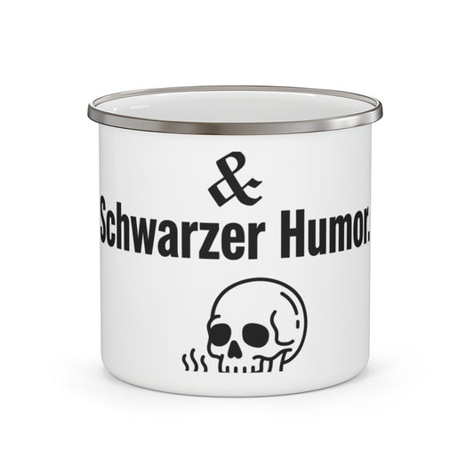 Schwarze Emaille-Tasse – Schwarzer Kaffee & Schwarzer Humor